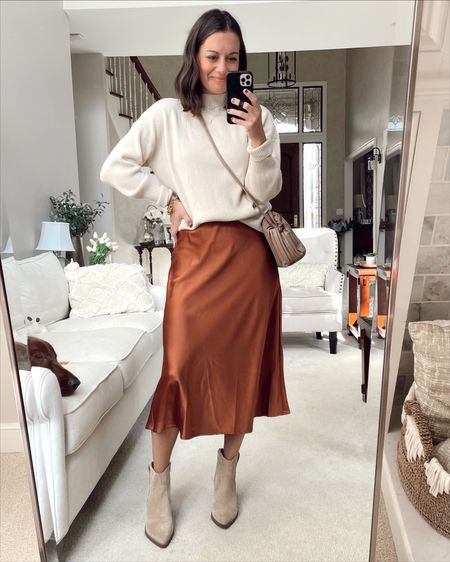 Thanksgiving outfit with this Amazon satin skirt (runs true to size), amazon mockneck sweater (true to size) and booties! 

#LTKHoliday #LTKstyletip #LTKSeasonal