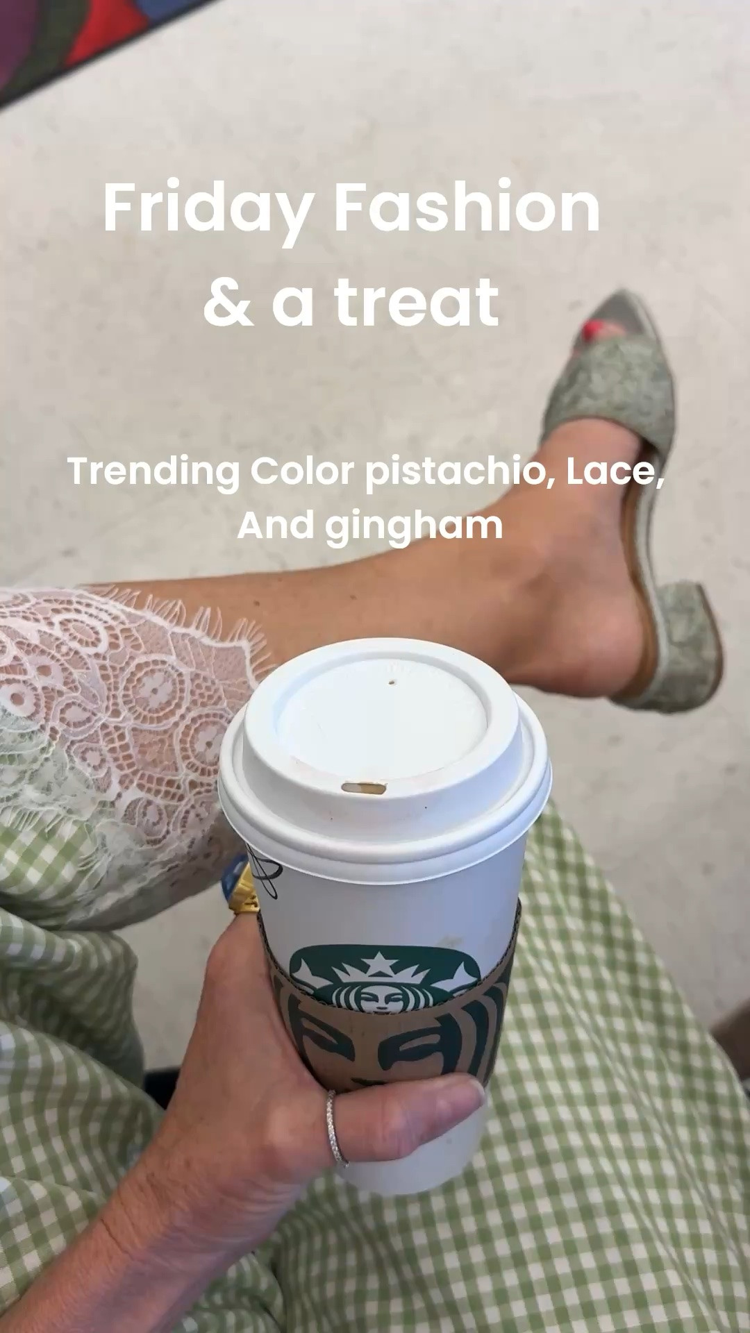 Trending ….
The color Pistachio green ,  gingham and lace
Along with treating myself to a Mocha ☕️ 

Amazon find gingham and lace  pull on ballon pants 

Easy spirit Rosario raffia dress sandals light green with reflex technology- supports cushioned comfort and low block heel, comes in 3 colors 
So comfy & tts 

Ring and bracelets 
Julie Vos

#LTKdayinmylife #LTKootd #LTKOver40