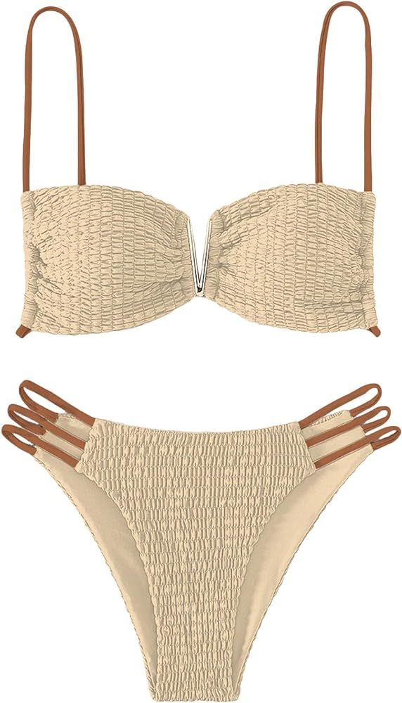 WDIRARA Women's 2 Piece Swimsuit Cut Out Textured Ruched Bikini Set Smocked Bathing Suit | Amazon (US)