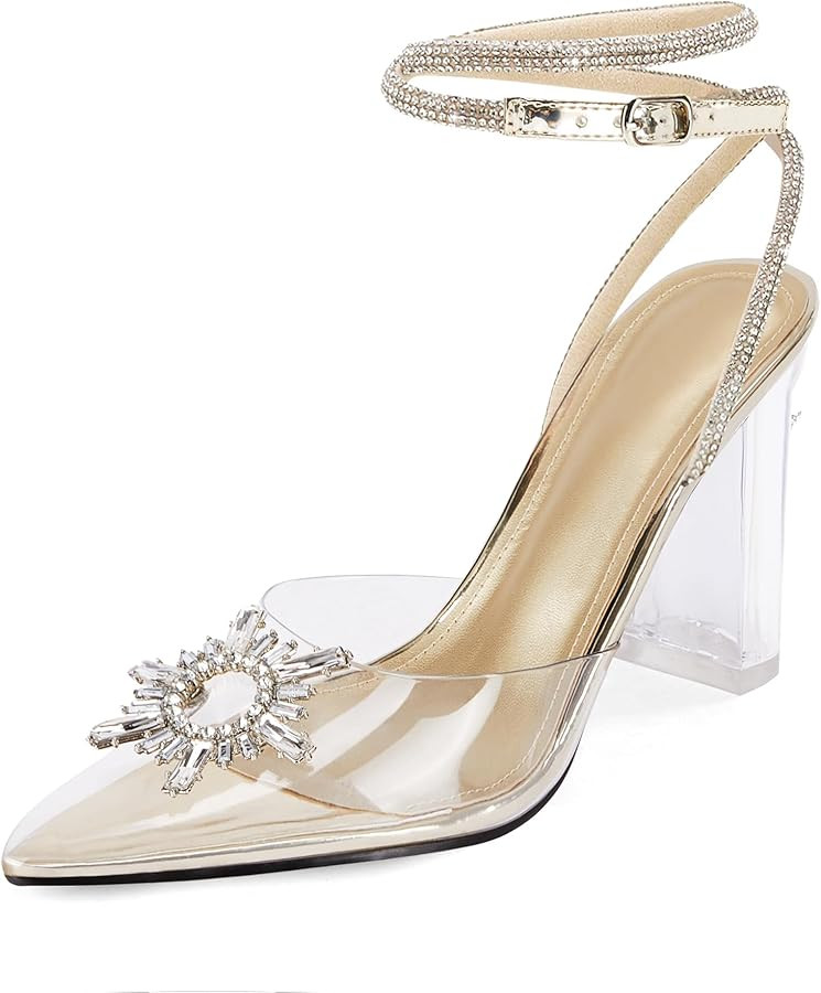 Coutgo Womens Rhinestone Clear Heels Crystal Pointed Toe Chunky High Heel Strappy Sandals Wedding... | Amazon (US)