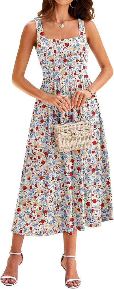 YATHON Women's Floral Midi Dress Casual Sleeveless Square Neck Tank Flowy Summer Beach Vacation S... | Amazon (US)