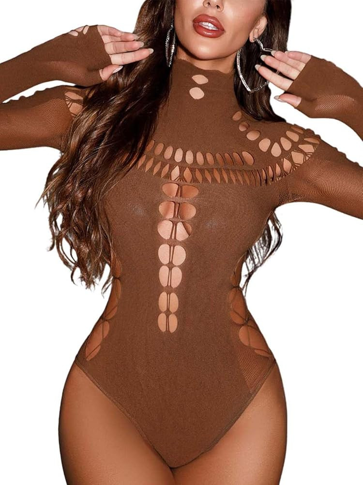 Women's Sexy Cutout Turtleneck Long Sleeve Bodysuit Tops Seamless Mesh Snap Crotch Thong Bodysuit... | Amazon (US)