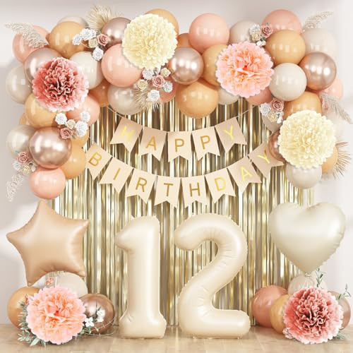 Beige 12th Birthday Decorations Girls Boys Cream Number 12 Balloon Nude Gold Happy Birthday Banner Fringe Curtain Paper Pom Poms Blush White Sand Champagne Star Foil Balloons Neutral Boho Party Decor | Amazon (US)