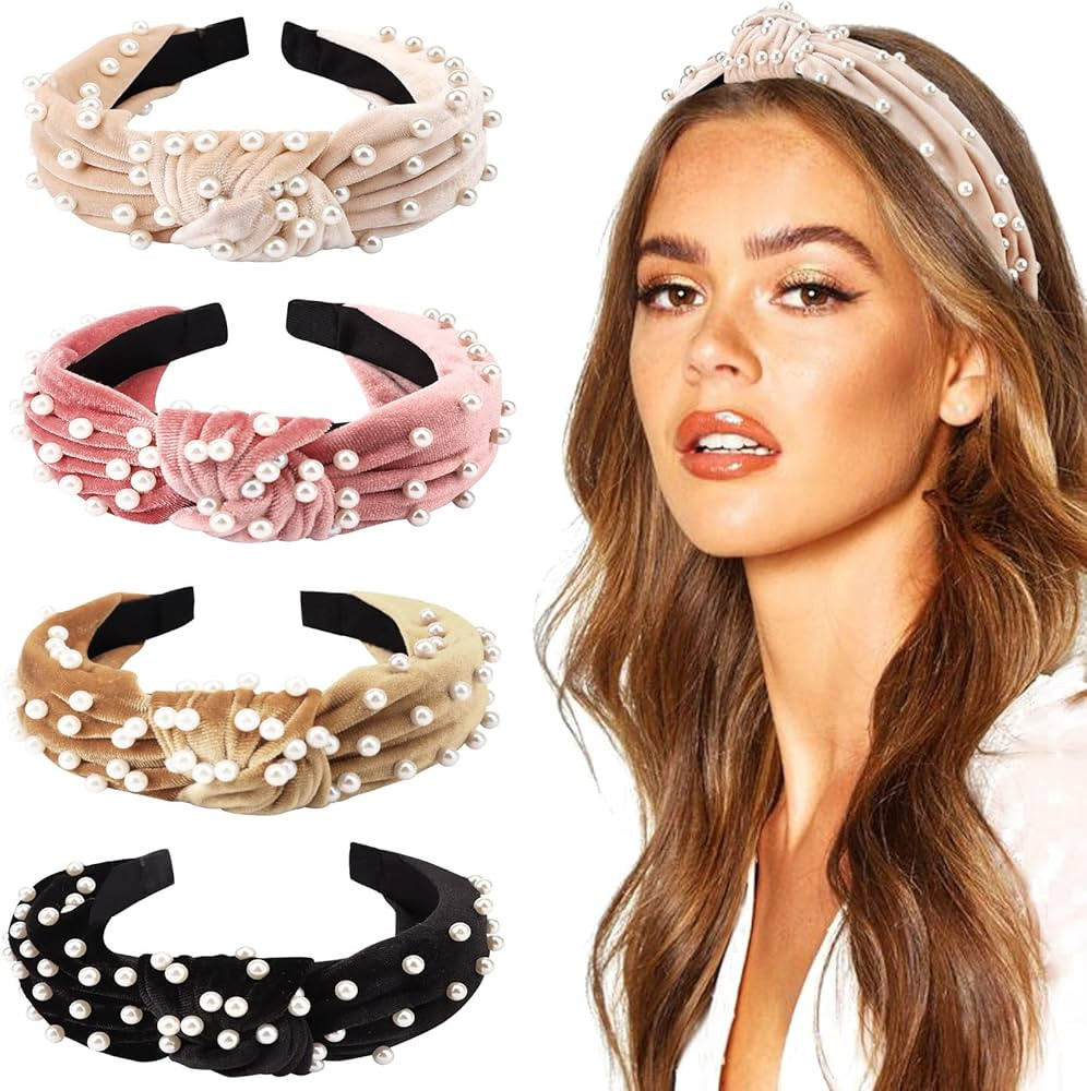 DRESHOW 4 Pack Velvet Pearl Headbands for Women Girls Bow Turban Vintage Boho Head Bands Wraps Ho... | Amazon (US)