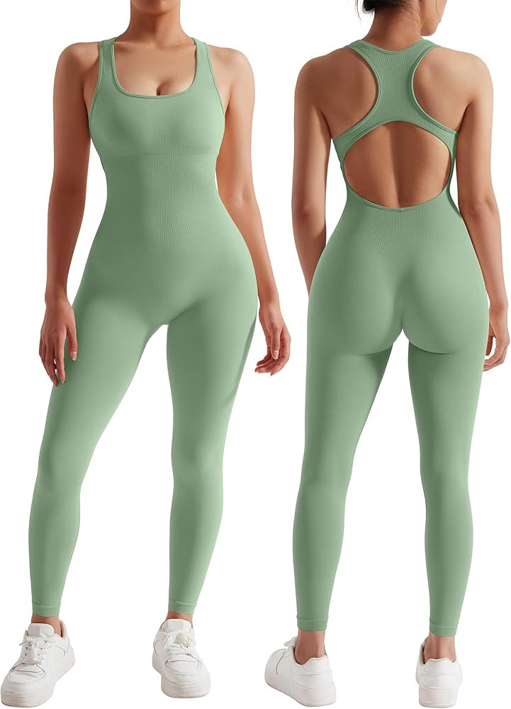 RXRXCOCO Women Backless One Piece Jumpsuits Sleeveless Scoop Neck Bodycon Romper Seamless Workout... | Amazon (US)