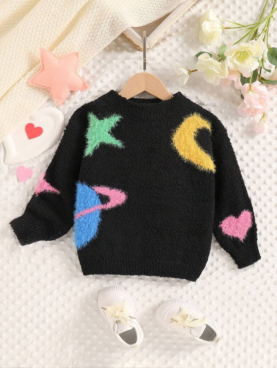 Young Girl Loose Round Neck Moon And Star Pattern Pullover Sweater, Soft And Warm For Autumn & Wi... | SHEIN