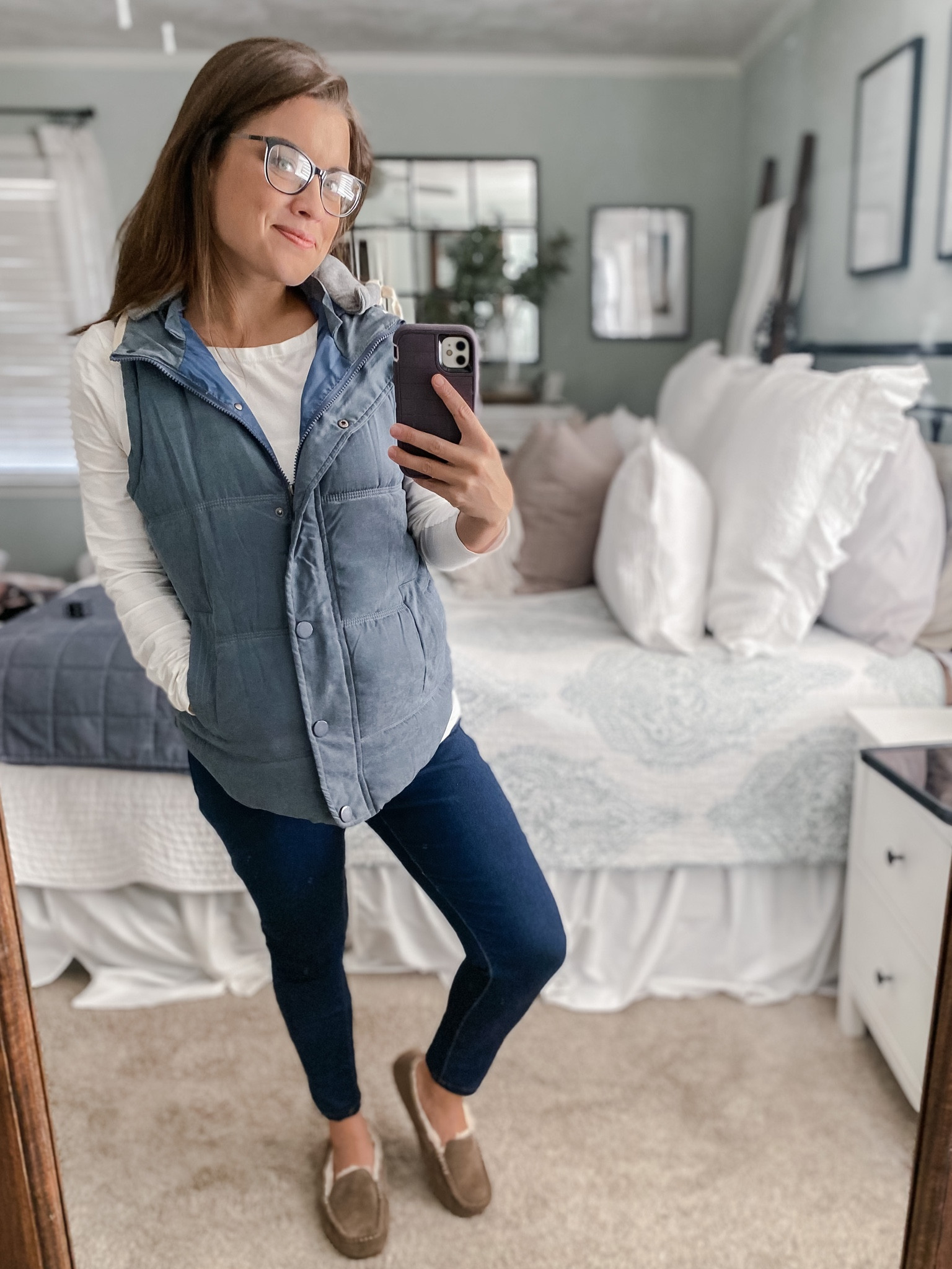 Puffy vest and UGG slippers perfect for a productive, cold day 🥶😍