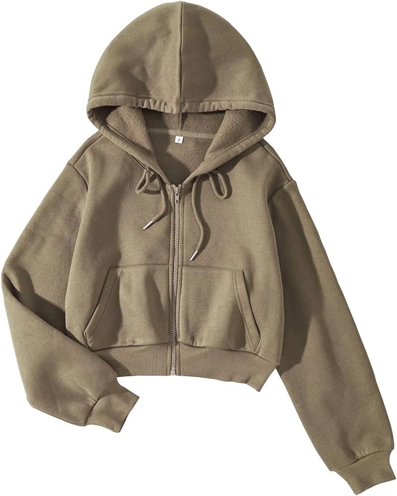 LOFAAC Women Fleece Full Zip Up Cropped Hoodie Sweatshirt 90s Long Sleeve Drawstring Hooded Crop ... | Amazon (US)