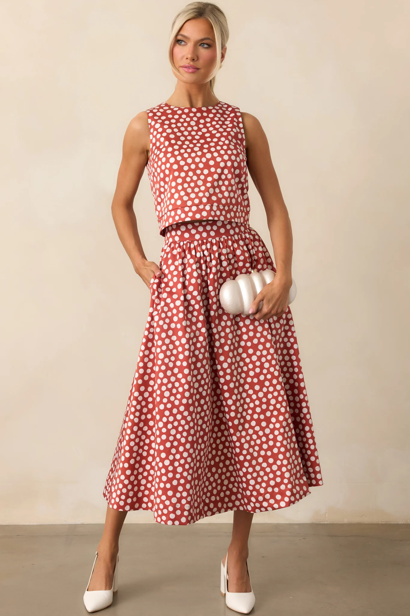 Prosperina Simone Brick Red Polka Dot Cotton Top | Red Dress