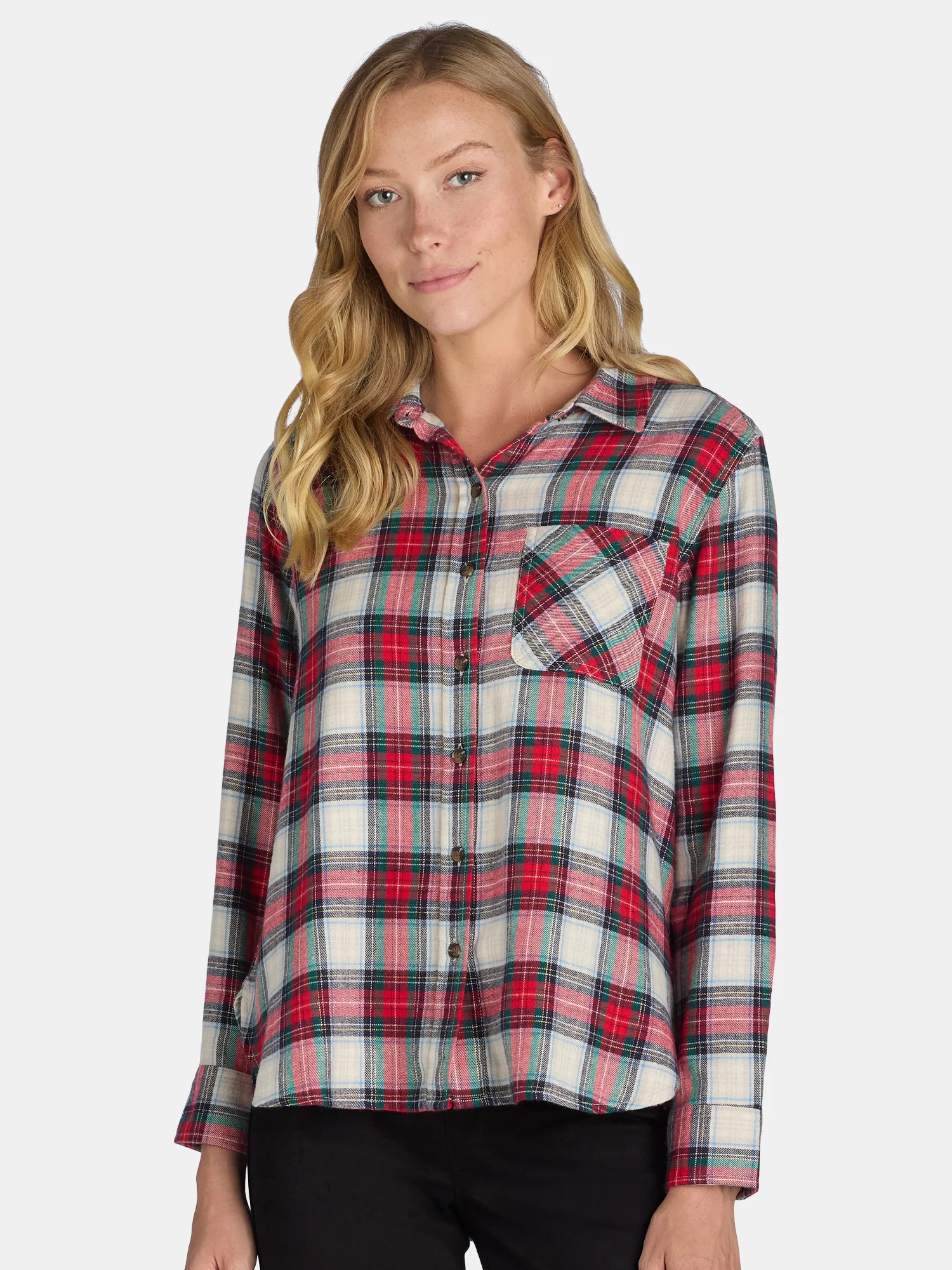 Time and Tru Women's Button Down Flannel Shirt with Long Sleeves, Sizes XS-3XL | Walmart (US)