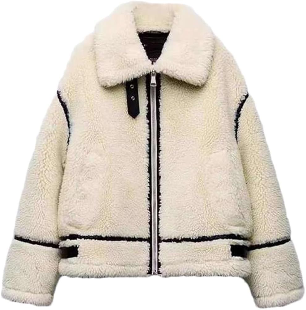 ERFMFKL Women Artificial Lamb Coat Winter Lapel Long Sleeve Short Jacket Zipper Loose Warm Outwea... | Amazon (US)
