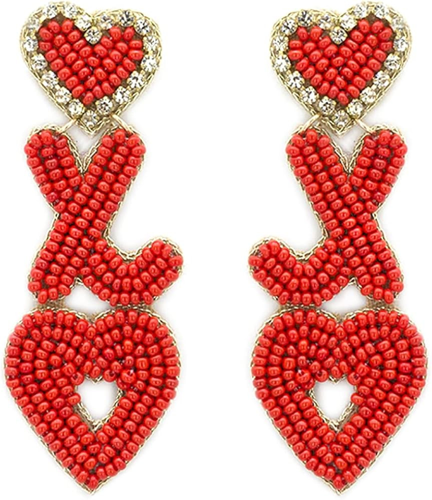 Emulily Beaded Ribbon Heart Post Earrings Handmade XO Heart Earrings Valentines Day | Amazon (US)