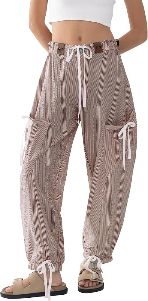 Women Striped Barrel Pants Drawstring Casual Baggy Boyfriend Y2K Streetwear Parachute Pants with ... | Amazon (US)