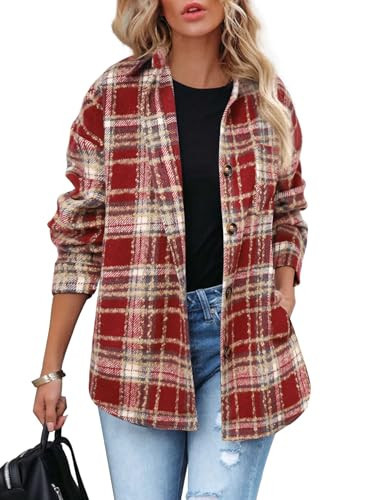 Beaully Womens Flannel Shacket Plaid Button Down Long Sleeve Shirts Jacket Coats Fall Outfits Fashion Clothes 2025 6025E Wine Red S | Amazon (US)