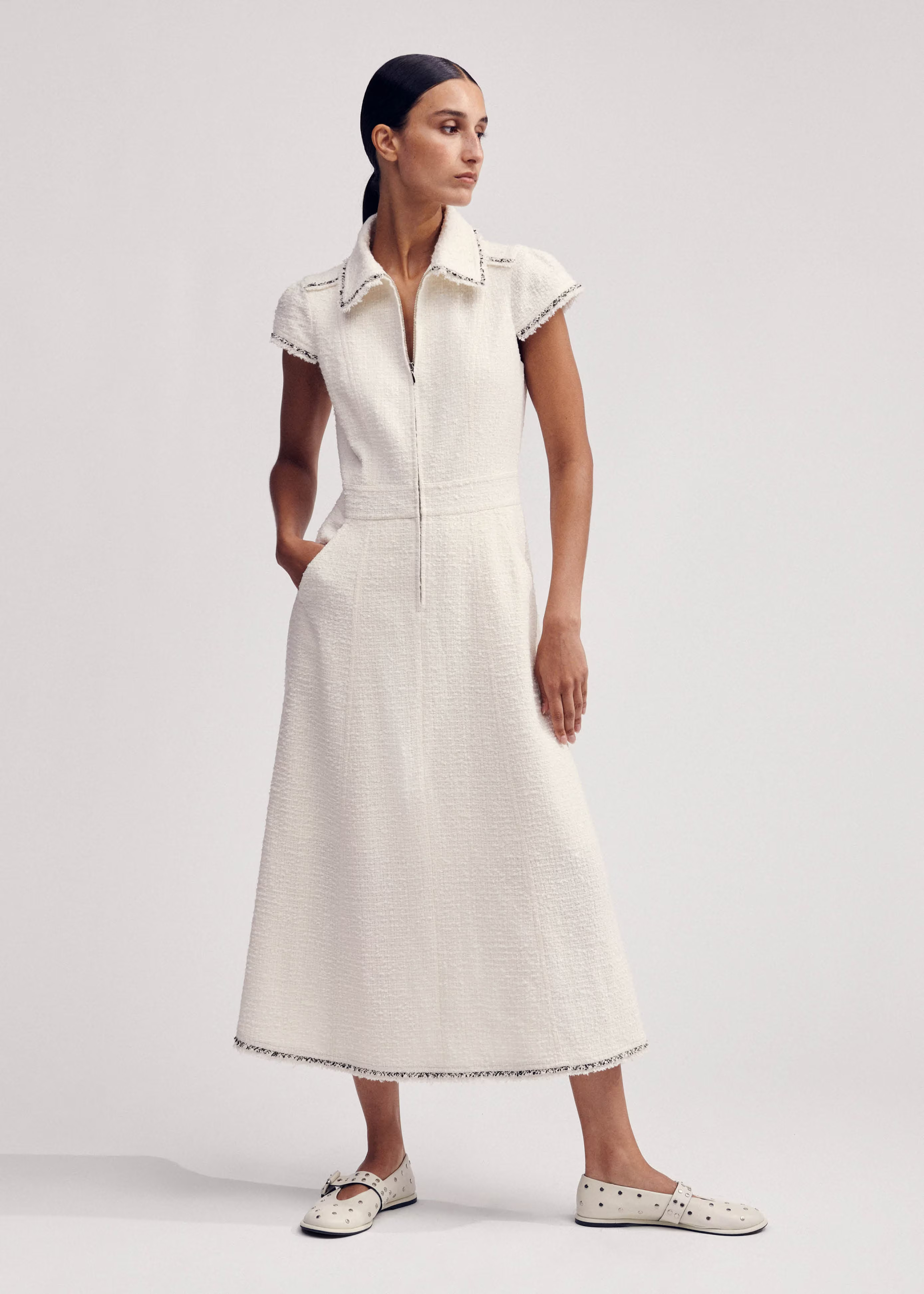 Women's Cream Textured Cotton-Blend Midi Dress | ME+EM | ME+EM US