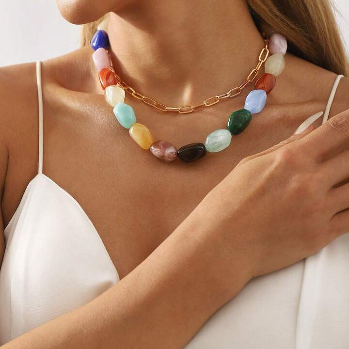2pcs/Set Summer Creative Geometric Layered Colorful Resin Chain Necklace Set, Suitable For Daily ... | SHEIN