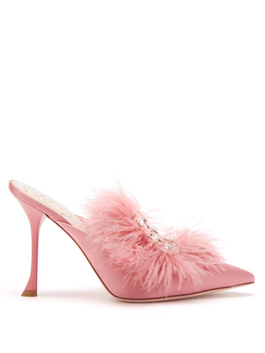 Crystal-buckle feathered satin mules | Matches (UK)