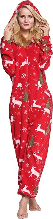 XMASCOMING Women's & Men's Hooded Fleece Onesies One-Piece Pajamas | Amazon (US)
