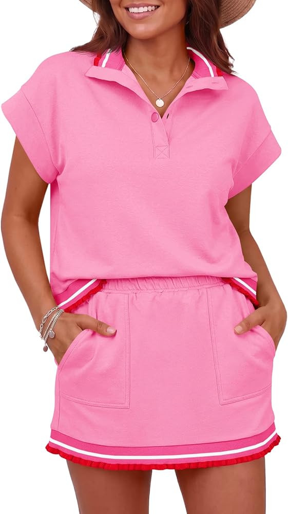 Fisoew Womens 2 Piece Outfits Short Sets Sweatsuit Casual Tracksuits Summer Button Ruffle Tops Mi... | Amazon (US)