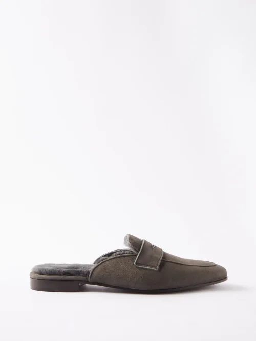 Bougeotte - Backless Shearling-lined Suede Penny Loafers - Mens - Grey | Matches (US)