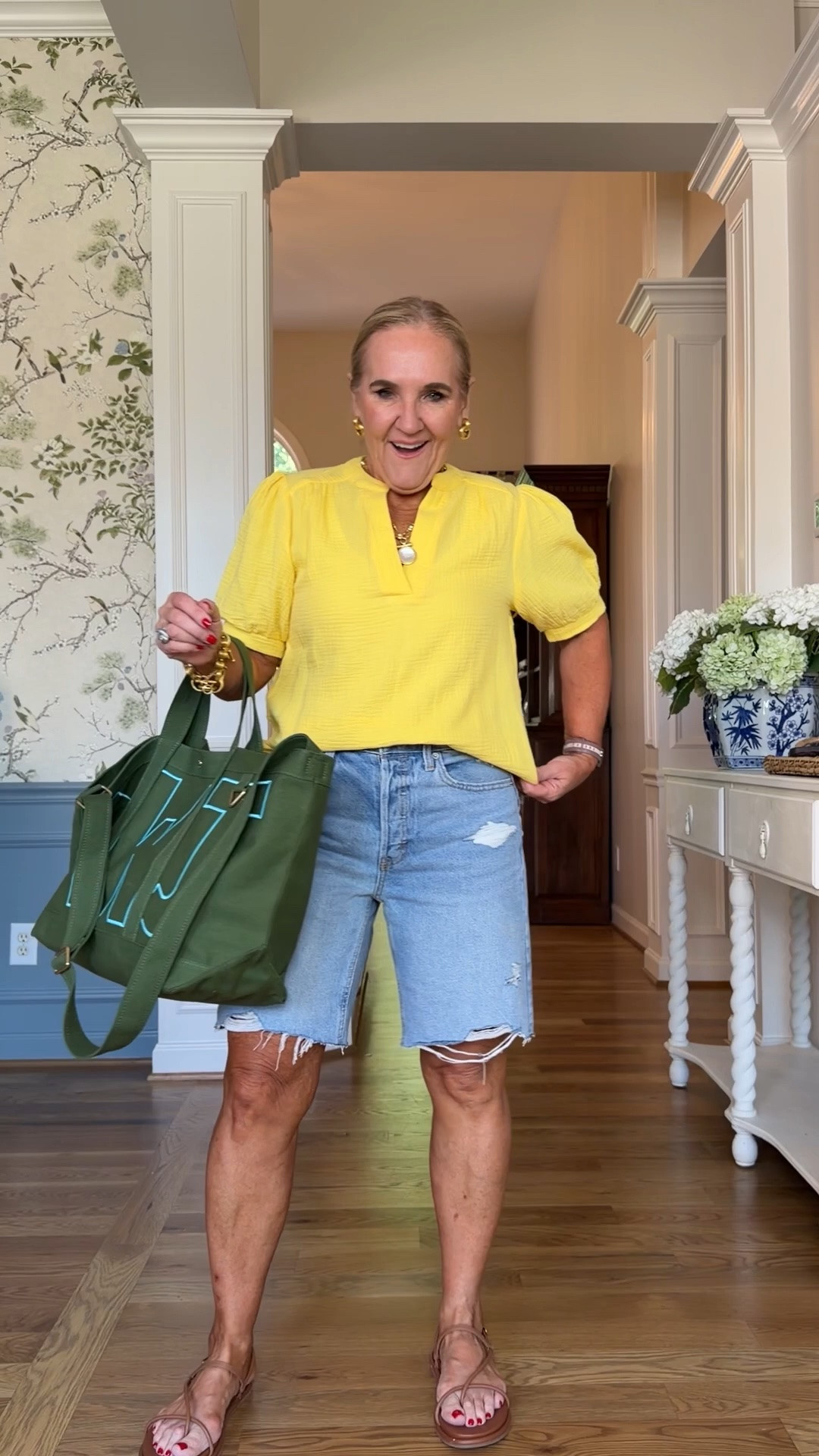 Jean shorts size 8
Yellow gauze top comes in several colors 
Don’t miss the Julie Vos sale linking some favorites

#LTKOver40 #LTKootd #LTKPetite