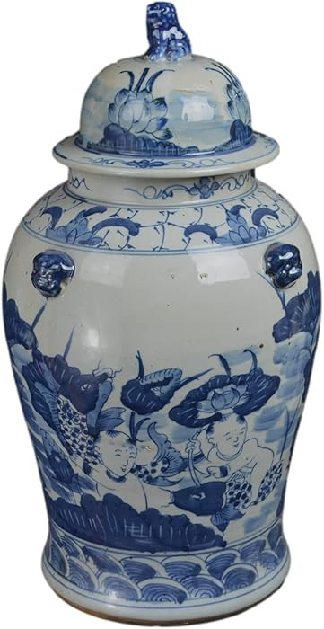 19" Antique Like Finish Blue and White Porcelain Children and Lotus Temple Ceramic Ginger Jar Vas... | Amazon (US)