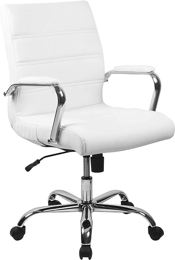 Flash Furniture Whitney Mid-Back Desk Chair - White LeatherSoft Executive Swivel Office Chair with Chrome Frame - Swivel Arm Chair | Amazon (US)