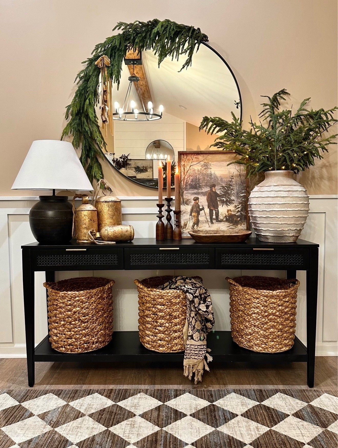 ✨🌲Neutral Christmas Console.Follow @farmtotablecreations on Instagram for more inspiration.

Here’s a nostalgic look back at last year’s console, featuring a variety of items currently on sale. From the elegant round mirror, to the Norfolk stems and garland that bring a soft touch of nature inside. The beautifully crafted wooden candlesticks that arrive packaged in an elegant gift box, making them an ideal present for any occasion. Additionally, the hand-block printed throw blanket that offers both comfort and style, down to the checkered fringed rug that ties this entire space together.

Artwork size 16x20
Four Norfolk Stems shown in vase. 

Amazon | Christmas Decor | Target Home Finds | Studio McGee | Hearth & Hand Magnolia | bathroom storage | bathroom decor | faux stems | master bath decor | home decor finds | neutral decor | cozy home | affordable decor | home decor | home inspiration | winter stems | Christmas shelves | Christmas vignette | bathroom finds | cozy home | moody decor | neutral home | Christmas console 


#LTKHome #LTKSaleAlert #LTKFindsUnder50