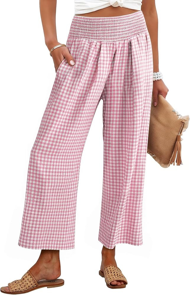 ANRABESS Women Striped Gingham Wide Leg Palazzo Pants Casual Lounge Cropped PJ Bottoms Comfy Cute... | Amazon (US)