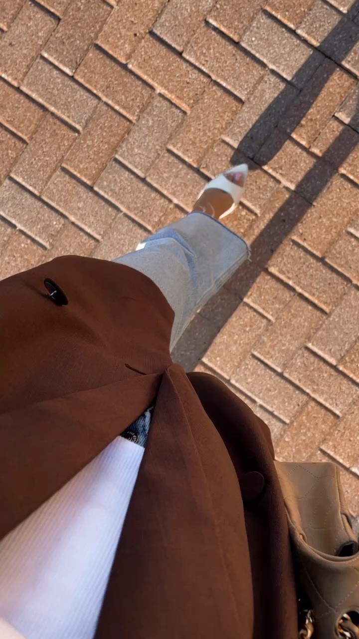 Brown blazer and white pointy toe heels 