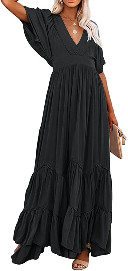 CHARTOU Women's Boho Ruffle Sleeve Flowy Maxi Dress Lace Up Back Tiered Party A Line Dress | Amazon (US)