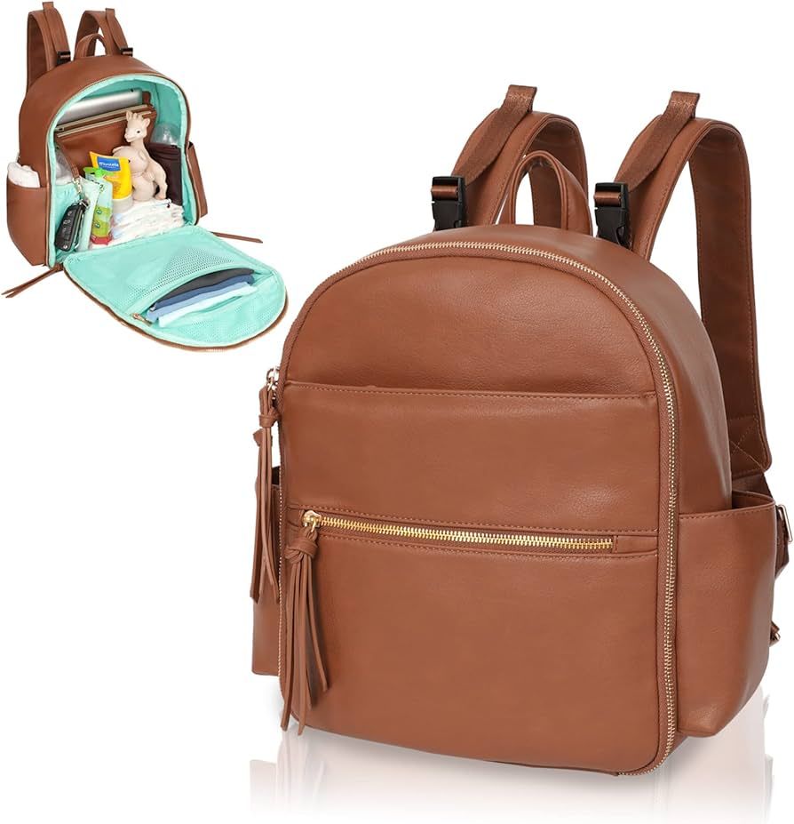 Small Diaper Bag Backpack Mominside Mini Baby Diaper Bag with 11 Pockets, Leather Travel Baby Bag... | Amazon (US)