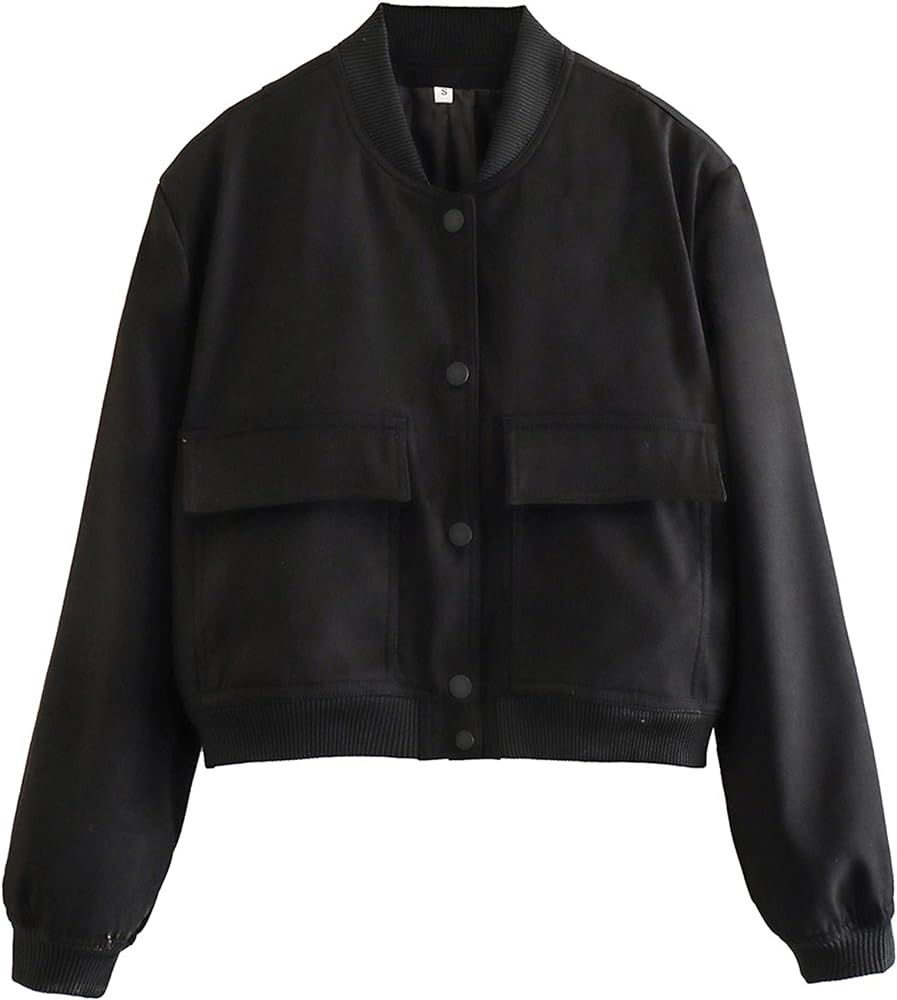 Megfie Womens Cropped Bomber Jacket Button Down Varsity Jackets Shackets With Pockets | Amazon (US)