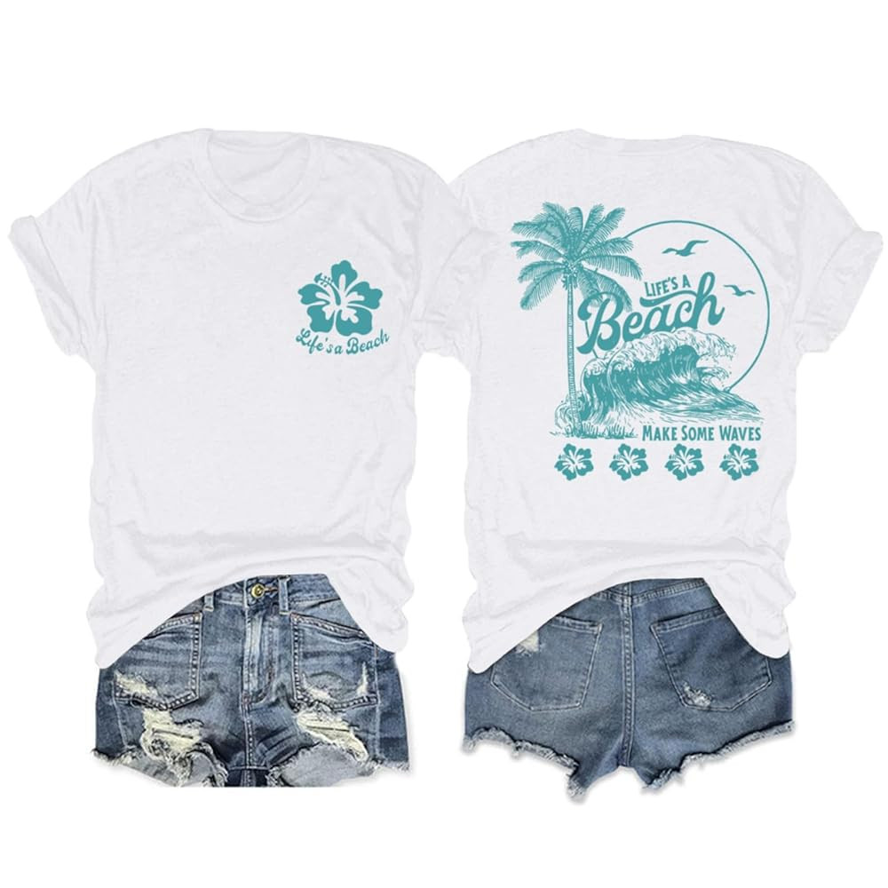 KEEVICI Hawaiian Beach T Shirts for Women Hibiscus Flower Palm Tree Shirt Tropical Graphic Tees S... | Amazon (US)