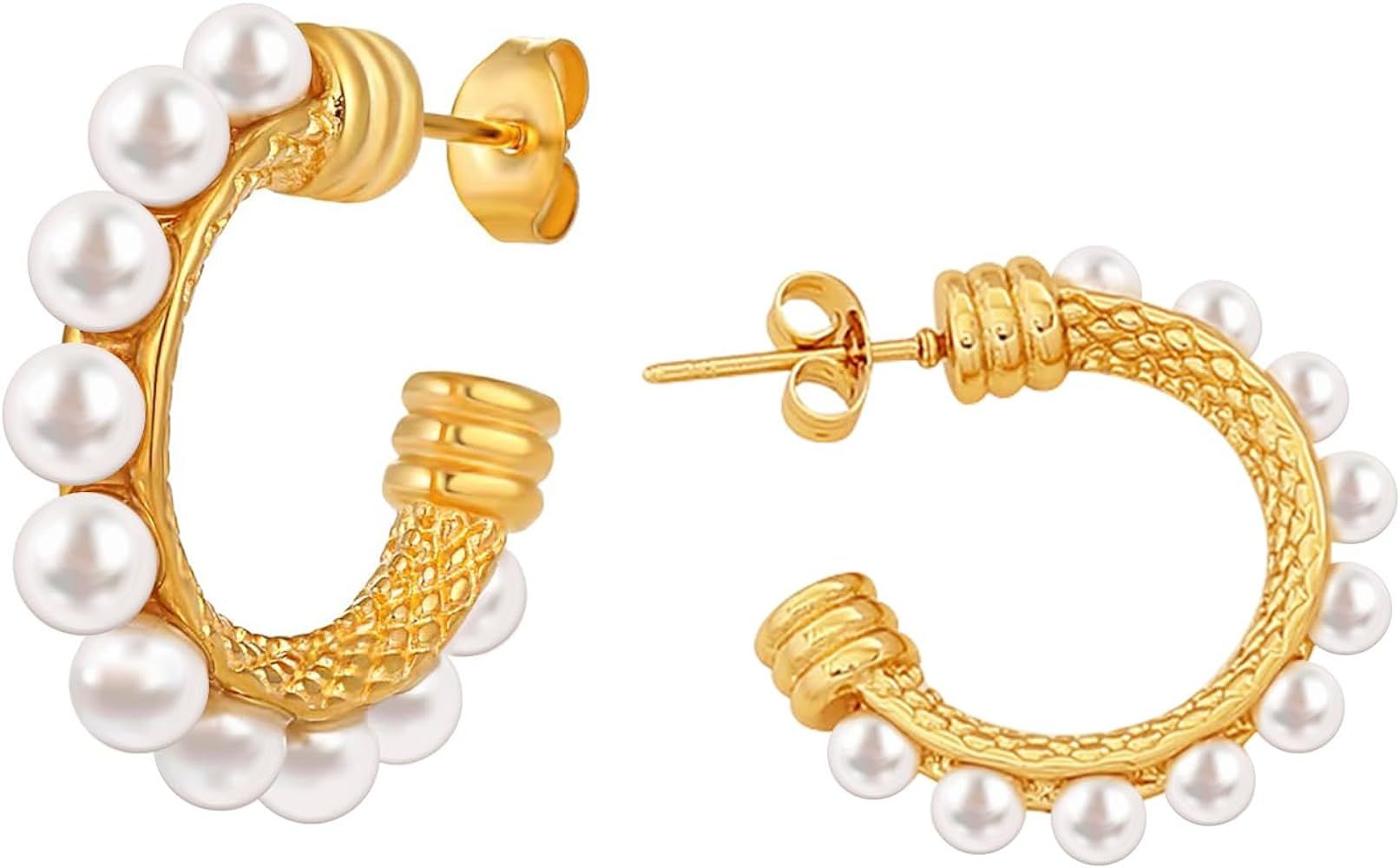 Pearl Earrings 14K Gold Earrings Exquisite Fashion Gold Hoop Earrings Hypoallergenic Freshwater P... | Amazon (US)