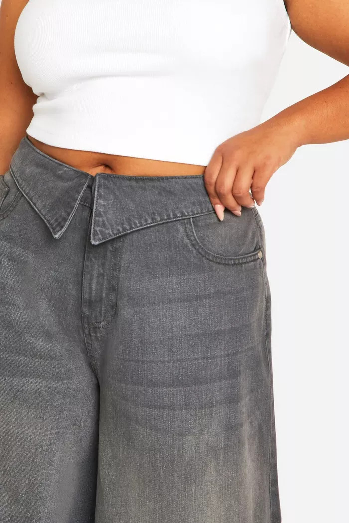 Plus Denim Fold Over Waistband Detail Wide Leg Pants | boohoo (US & Canada)