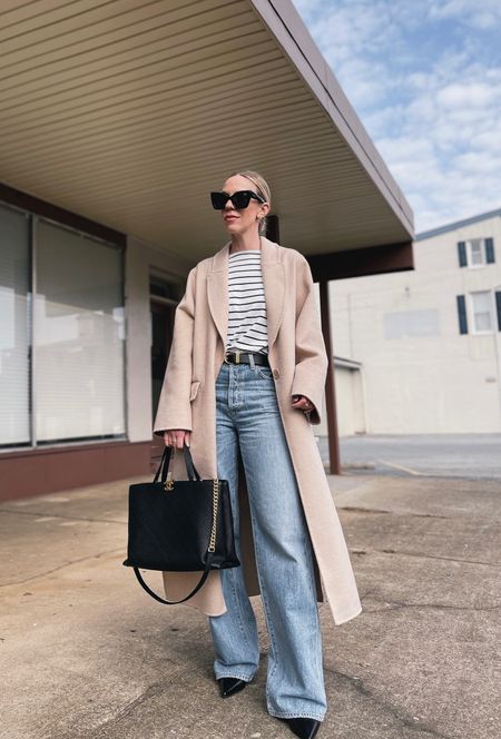 Spring outfit, beige coat, striped tee, wide leg jeans, Parisian style, minimal outfit 

#LTKunder50 #LTKSeasonal #LTKstyletip