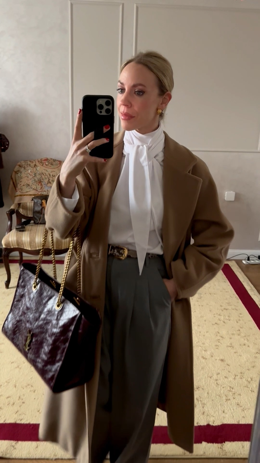 Work outfit, business casual, spring workwear, @Zara tie neck shirt, camel coat, snakeskin belt, burgundy YSL tote bag

#LTKOver40 #LTKSeasonal #LTKWorkwear