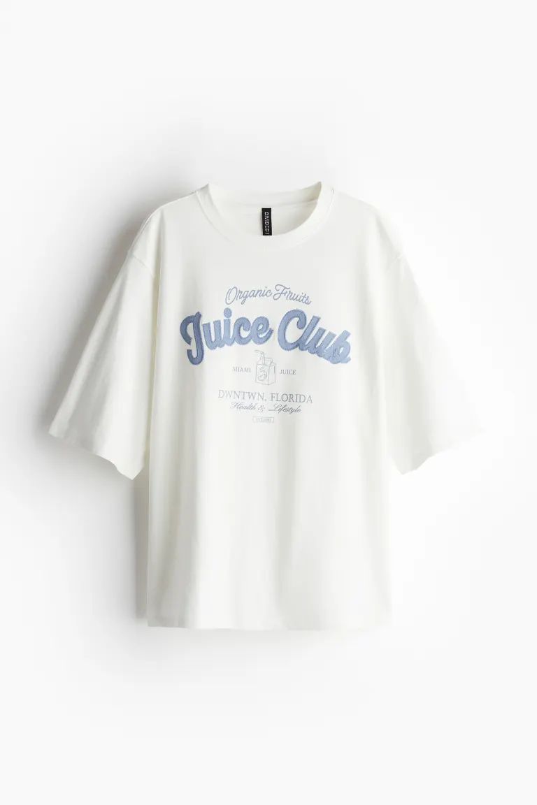 Oversized T-shirt - Round Neck - Short sleeve - Cream/Juice Club - Ladies | H&M US | H&M (US + CA)