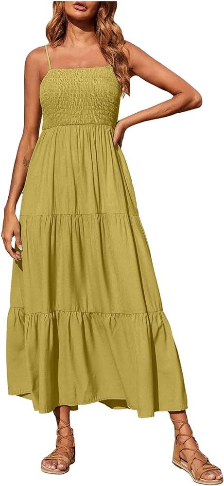 Dresses for Women 2024 Casual Bohemian Spaghetti Strap Smocked Tiered Long Beach Dresses Sleevele... | Amazon (US)
