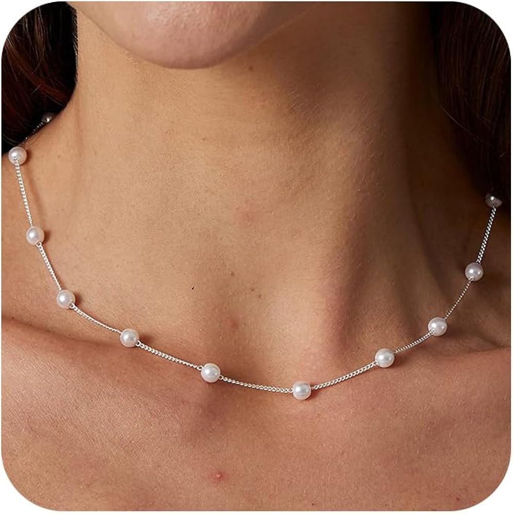 Silver Pearl Necklaces for Women Sterling Silver Plated Dainty Pearl Choker Jewelry Gifts for Wom... | Amazon (US)