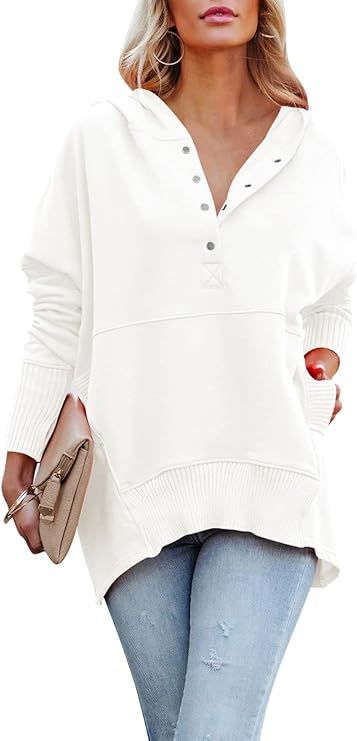 Amazon.com: Kisscynest Women's White Oversized V Neck Sweatshirt Ribbed Casual Button Up Pullover... | Amazon (US)