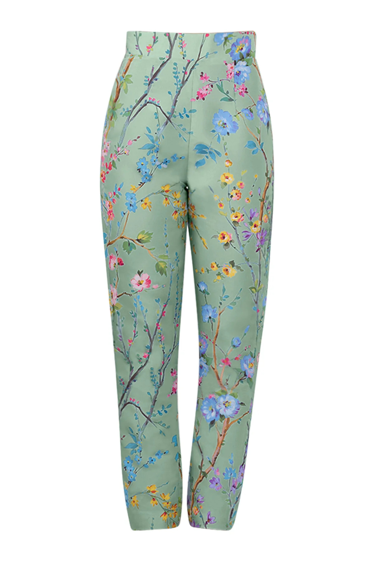 Garden Reverie Silk Faille Cigarette Pants in Celadon Floral | Over The Moon