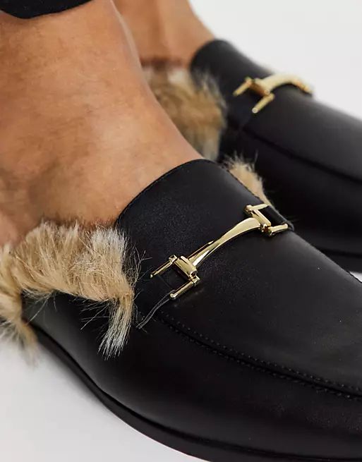 ASOS DESIGN backless mule loafer in black faux leather with faux fur | ASOS (Global)