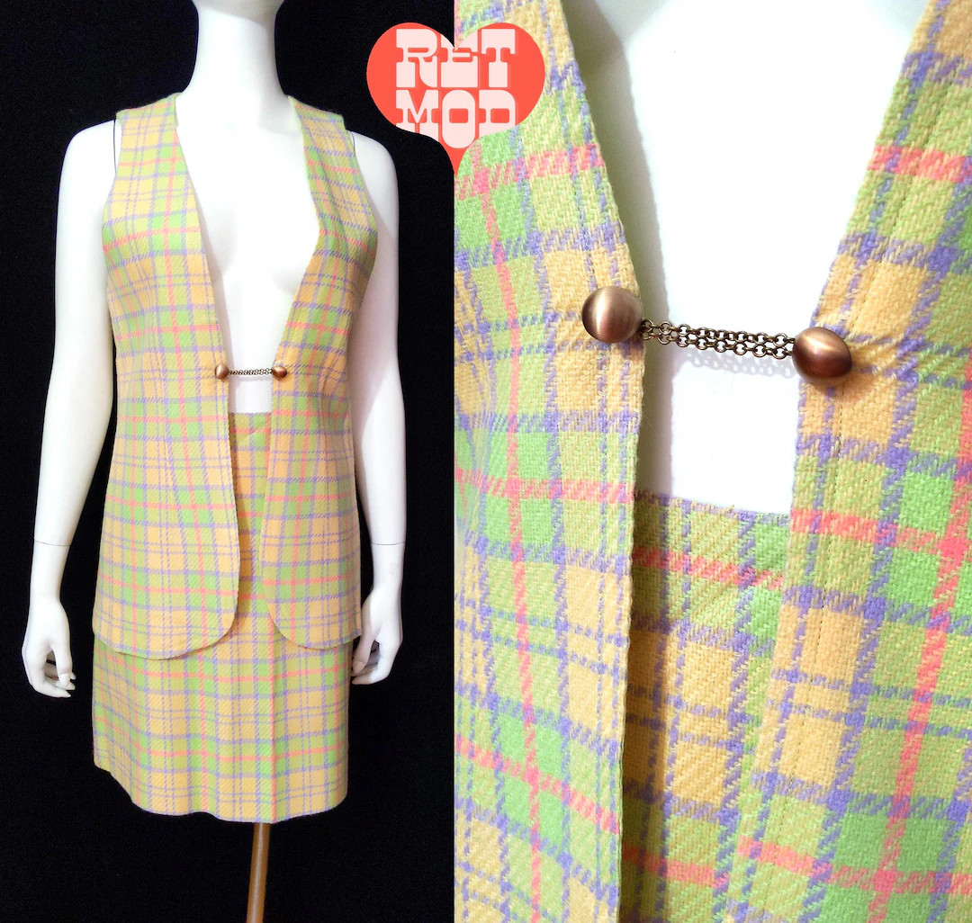 Mod Vintage 60s 70s Pastel Yellow Pink Green Plaid Vest & Skirt Set | Etsy (US)