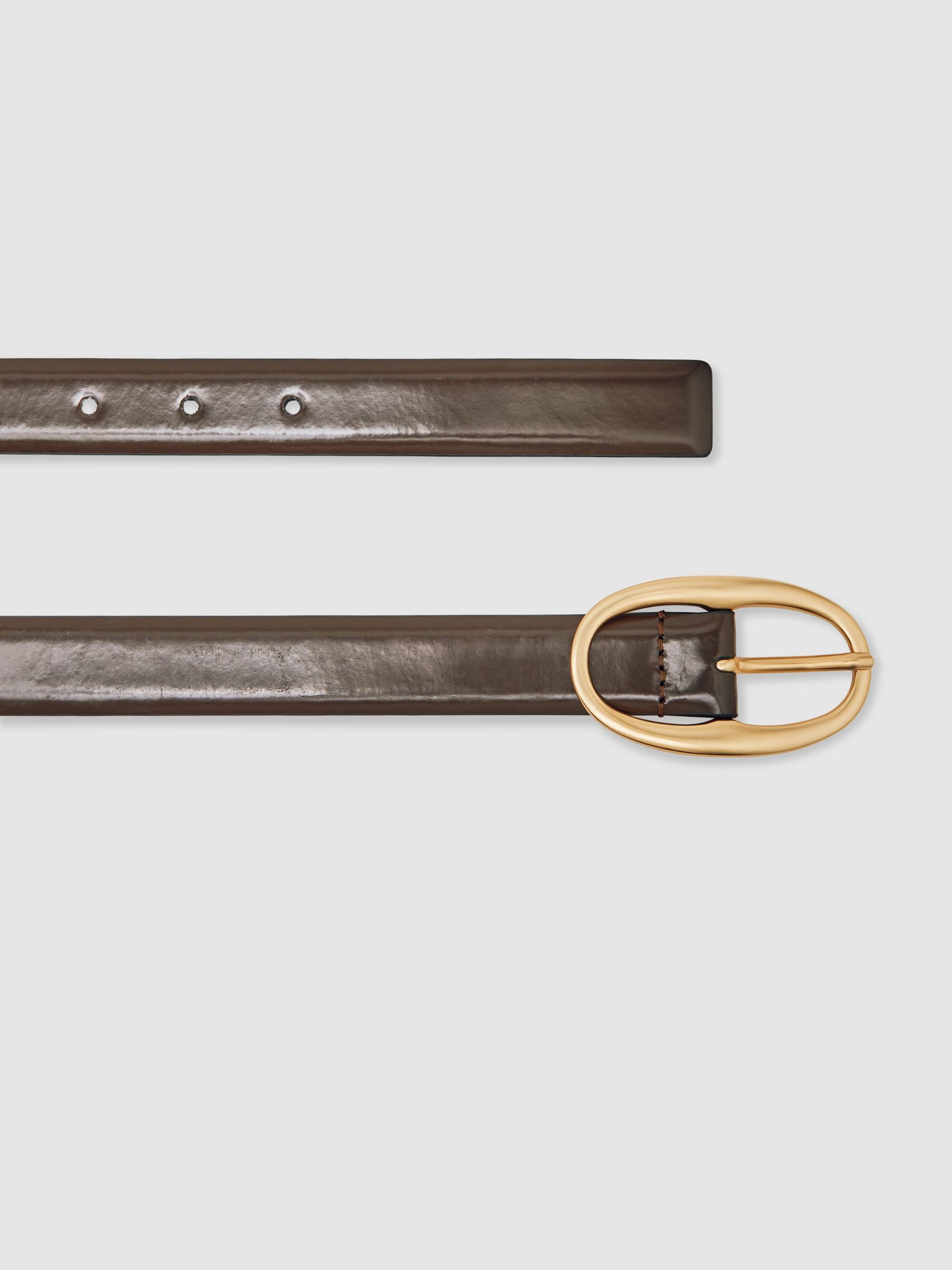 Reiss Patent Leather Oval Buckle Belt in Chocolate - REISS | Reiss UK