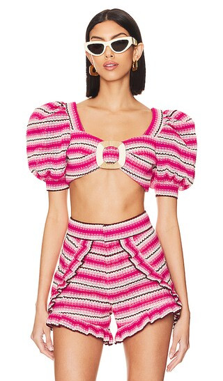 Striped Crochet Puff Sleeve Top in Pink | Revolve Clothing (Global)