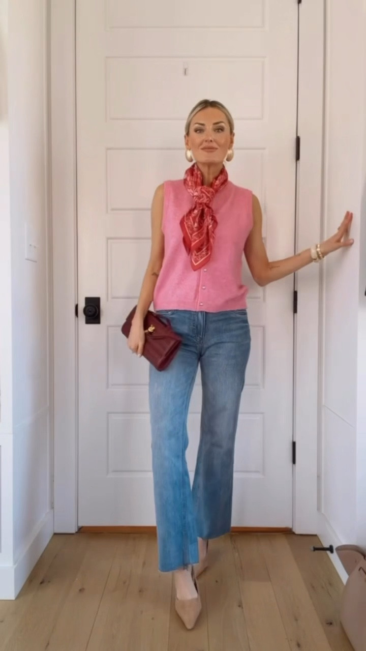 This sleeveless sweater from Avara is so pretty in this shade of pink! Accessorizing with a pattern scarf is such a fun way to elevate any look. Wearing a size S/26!

Loverly grey, silk scarf styling ideas, spring fashion inspo, outfit ideas 2026, how to style satin scarves

#LTKspringtrends #LTKspring #LTKootd