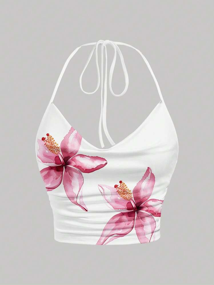 SHEIN EZwear Casual Floral Print Halter Tie Neck Backless Crop Top, Versatile Plus Size Women Beach Outfit, Suitable For Summer Beach, Music Festival,Going Out Tops Suitable For Going Out Floral Crop Top | SHEIN