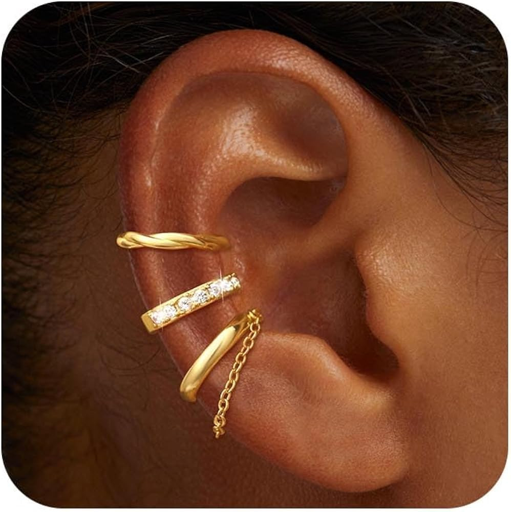 Gold Ear Cuffs Non Piercing: 14K Gold Plated/Silver Cuff Earrings for Women Trendy Chain Cubic Zi... | Amazon (US)